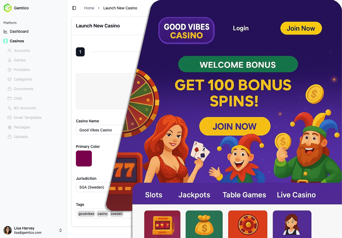 Screenshot of the PLAYVIAN iGaming platform dashboard